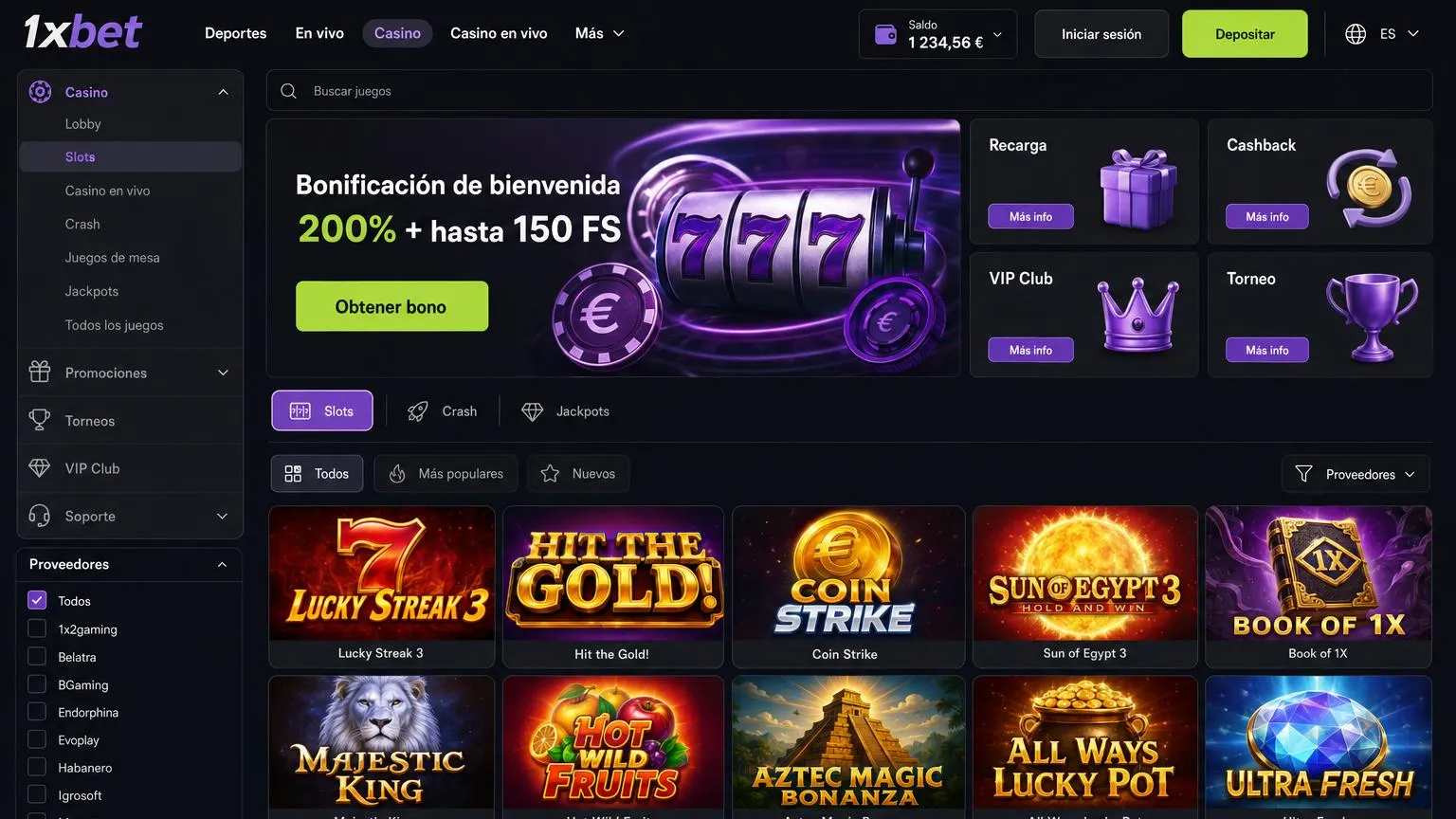 1xBet Casino juegos filtros y proveedores España