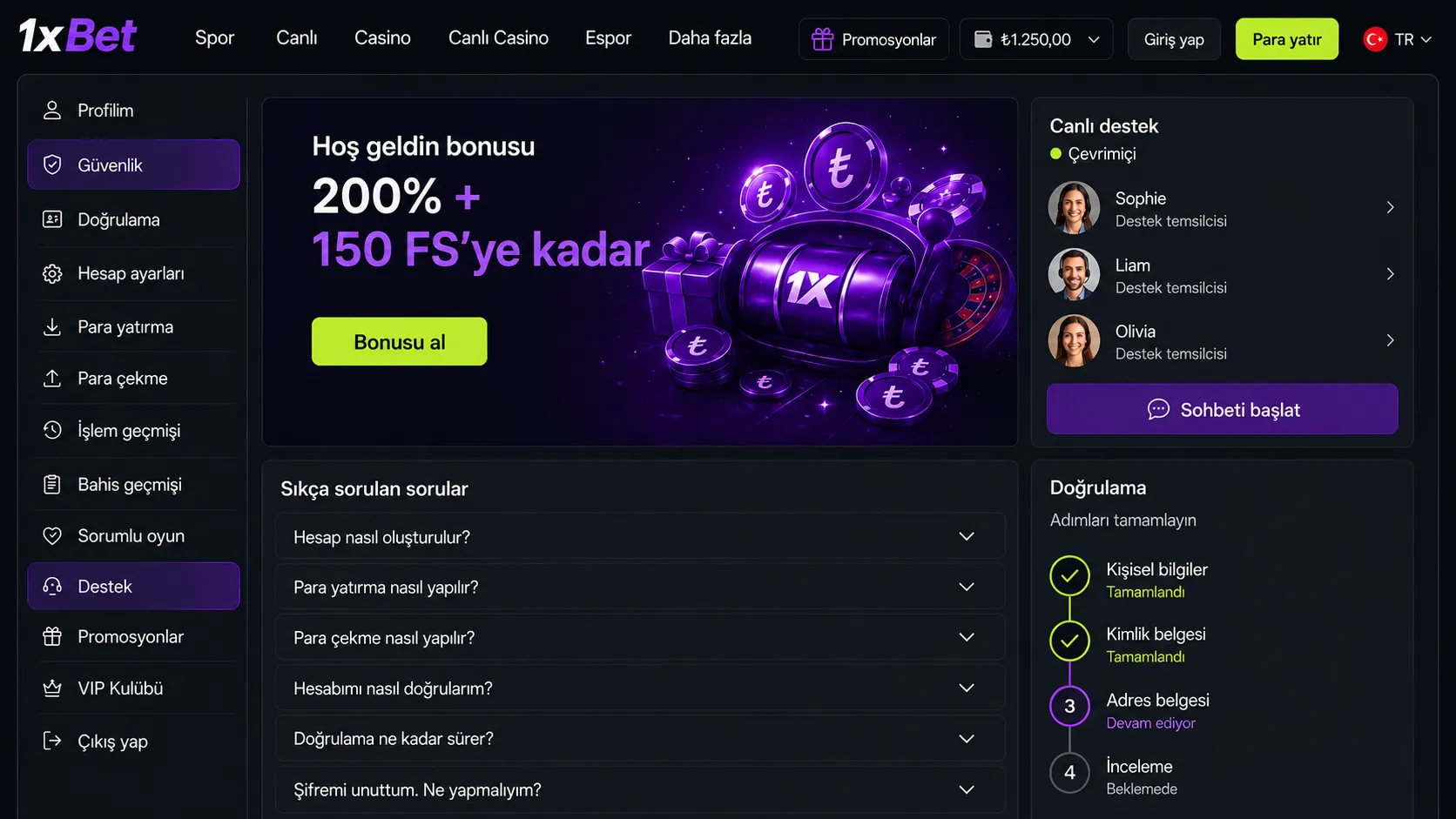 1xBet giriş hesap güvenliği beş katman 2FA
