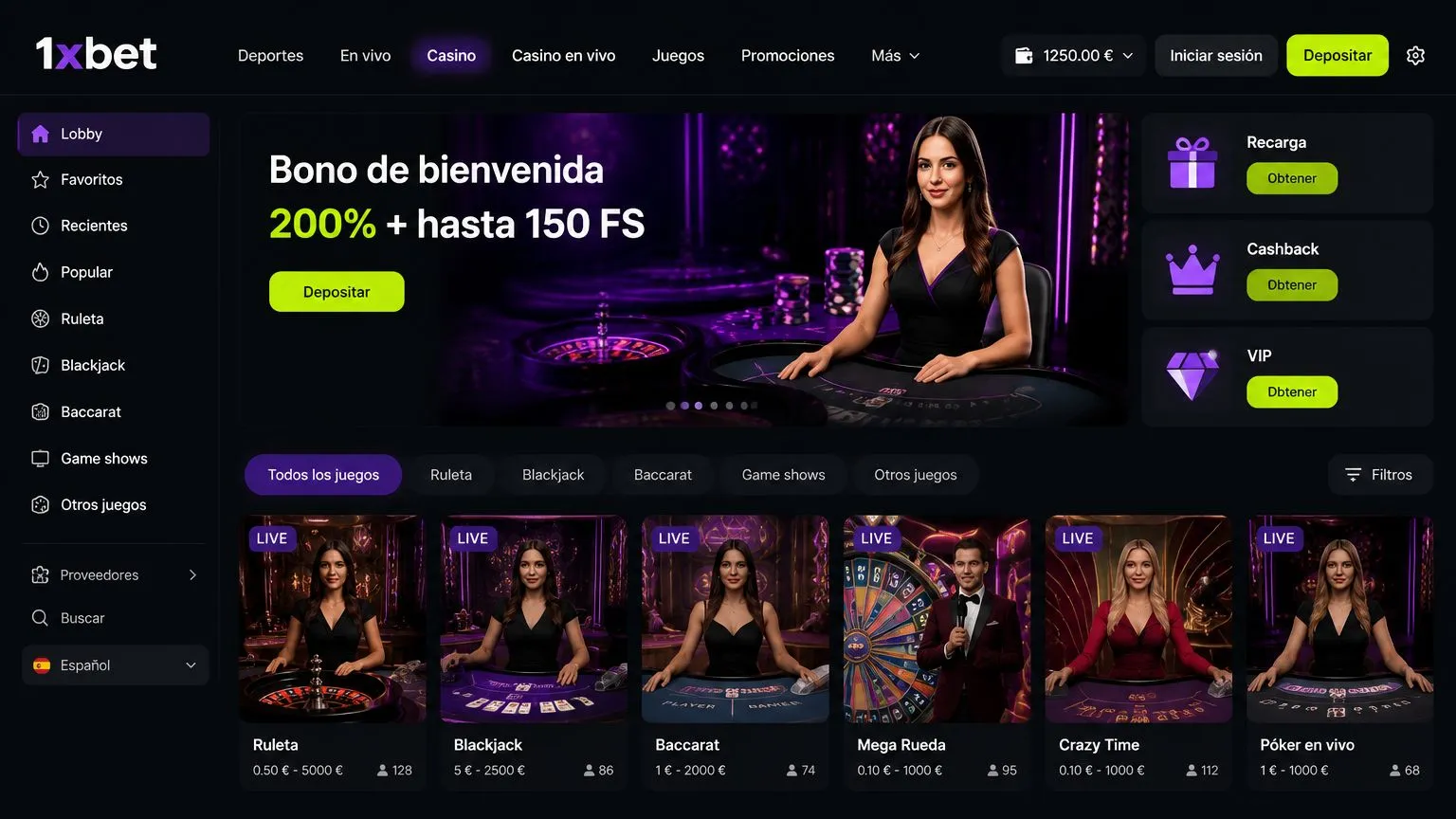 1xbet en directo: mesas con crupier real