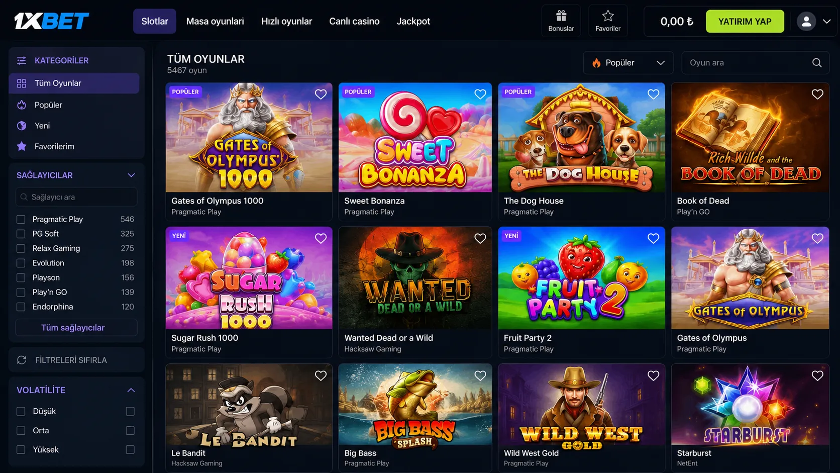 Slot, masa ve hızlı oyun kategorileri ve 1xbet oyun kütüphanesi