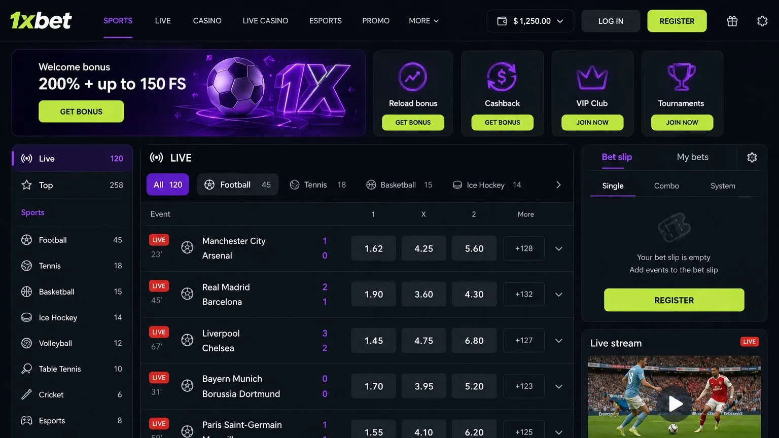1xBet sports betting markets odds and esports