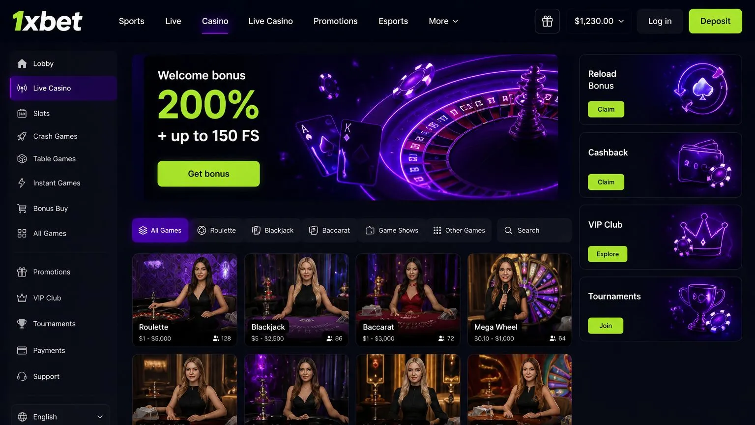 1xBet live entertainment streaming game shows