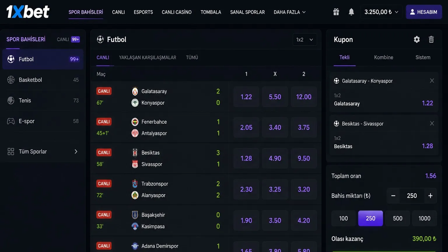 1xBet'te spor bahisleri ve canlı etkinlik seçenekleri