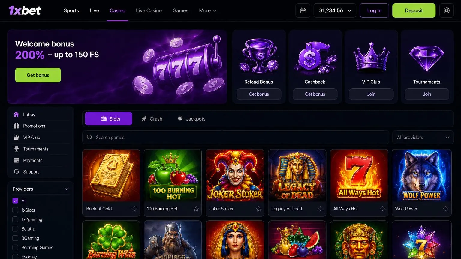 1xBet Casino lobby slots and table games