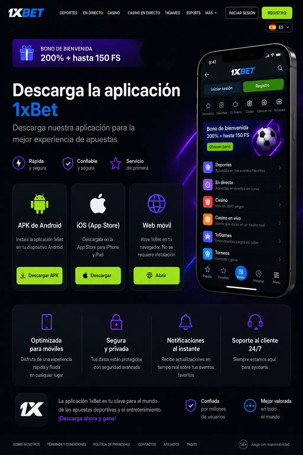 1xBet app acceso desde Android iOS y navegador móvil España
